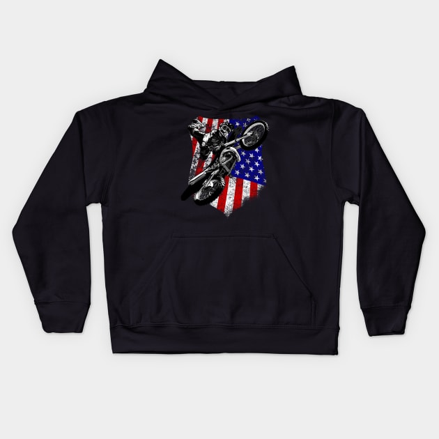 Motocross Dirt Bike American Flag Kids Hoodie by Styleuniversal